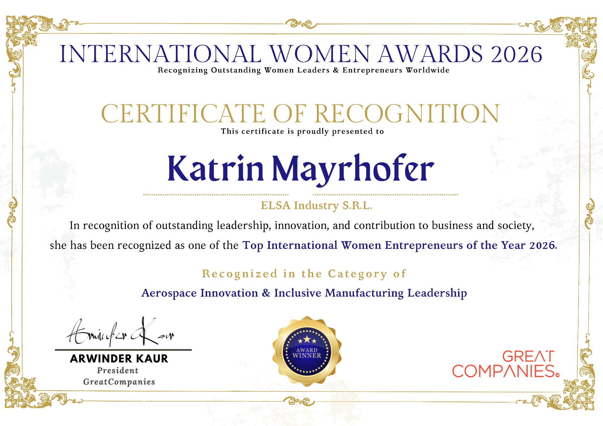 International Women Awards 2026 — Certificate of Recognition for Katrin Mayrhofer